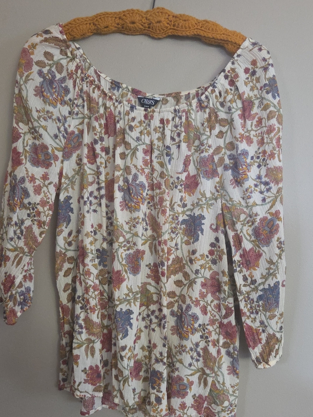 Chaps Floral Peasant Blouse in Cream with Pink, Blue & Brown Accents